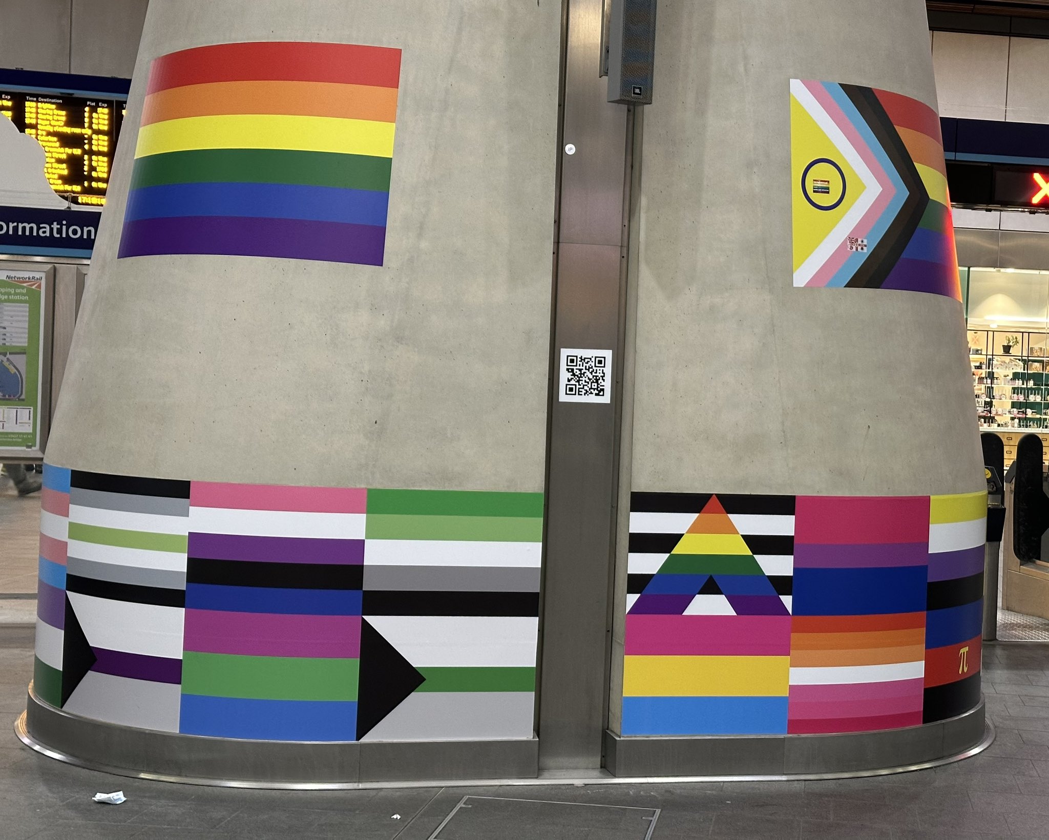 A photo of the queer display at London Bridge showing various queer flags on a concrete column. Photo by Dr Natacha Kennedy