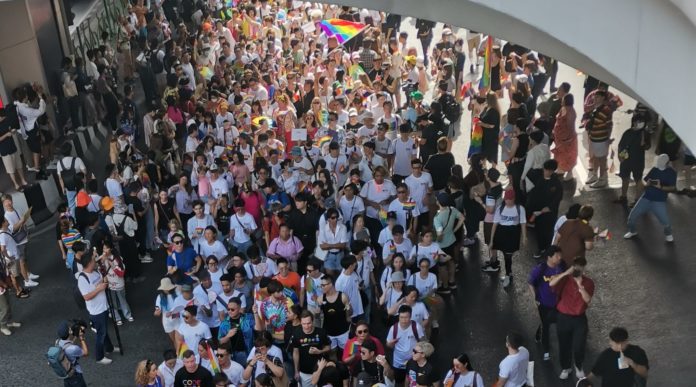 A photo showing some of the crowds at Bangkok Pride Parade 2023 showing a snippet of Life in Thailand for queer people. Credit OraMAAG via Wikimedia Commons