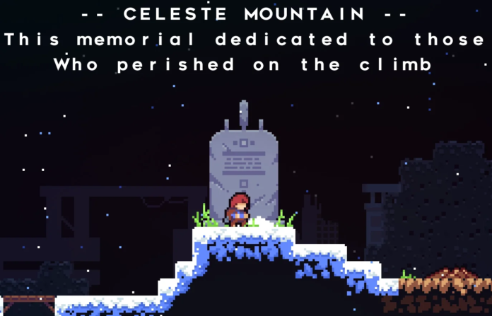 JK Rowling and the 16 dead children; sceenshot from the game Celeste which shows the character standing atop a mountain next to a monument. The monument reads; 